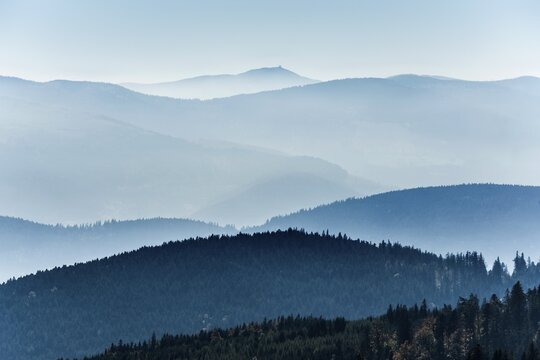 Staggered mountain ranges in haze, at Hohneck, Col de la Schlucht, Vosges, Alsace-Lorraine, Vosges Haut-Rhin Department, France