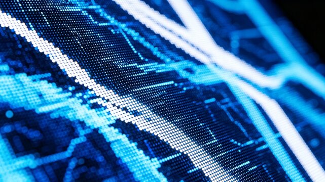 A high-tech digital abstract background featuring glowing blue and white points of light forming patterns similar to a circuit board or data grid.