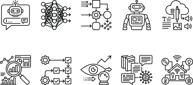 Black technology icons bundle with data science analytics automated processing flowcharts robot design and computer vision elements