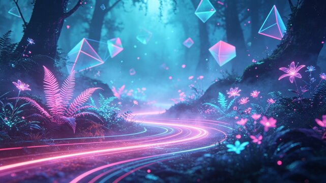 A mystical, neon-lit forest path with glowing plants and floating geometric shapes in a dreamlike, synthwave-inspired atmosphere.