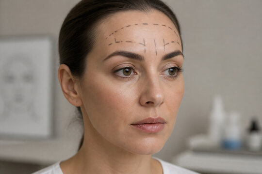 A woman with markings on her forehead is being prepared for a cosmetic procedure in an indoor setting.