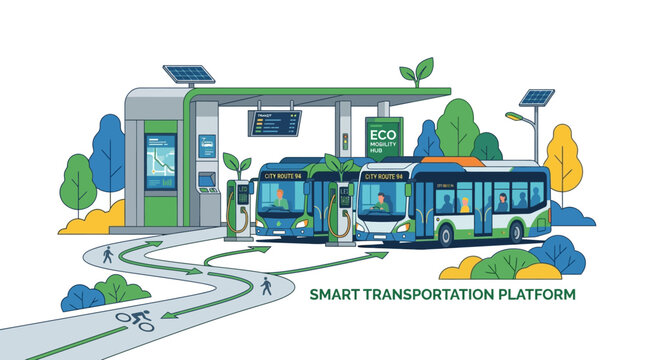 Eco-friendly electric buses charging at smart transportation platform with solar panels