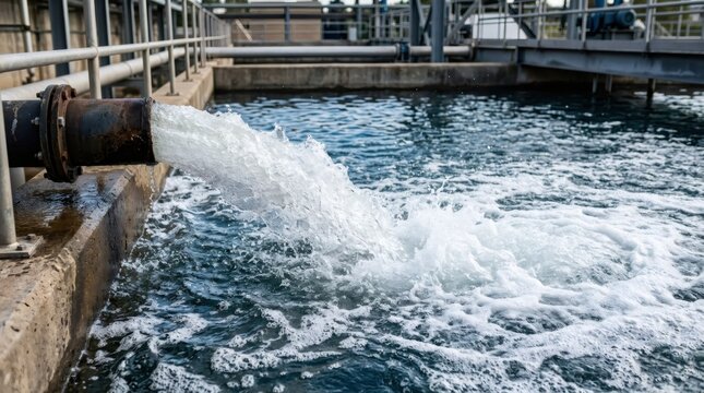 Water flowing from pipe into wastewater treatment plant basin. Industrial liquid filtration and recycling process. Purification of resource for environment and city infrastructure system.
