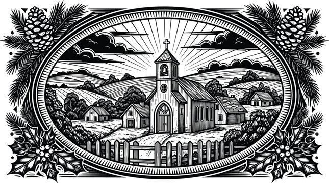 Vintage woodcut illustration of a rural village church in an oval frame surrounded by pine cones and holly leaves for winter holidays,