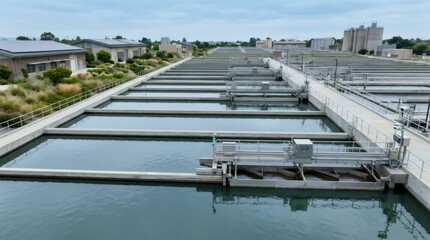 Naklejka premium Sewage treatment plant with large concrete water sedimentation tanks. Wastewater purification facility for industrial and municipal water filtering and sustainable environmental protection.