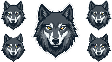 Fototapeta premium Wolf head mascot logo sticker set featuring aggressive grey wolf face with glowing yellow eyes isolated on white background for esports team,