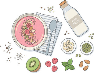 Healthy Pink Smoothie Breakfast Bowl Flat Lay Vector Illustration with Oat Milk Kiwi Raspberries Almonds Cashews Pumpkin Seeds Chia and Mint Leaf Toppings © Md Shujan islam