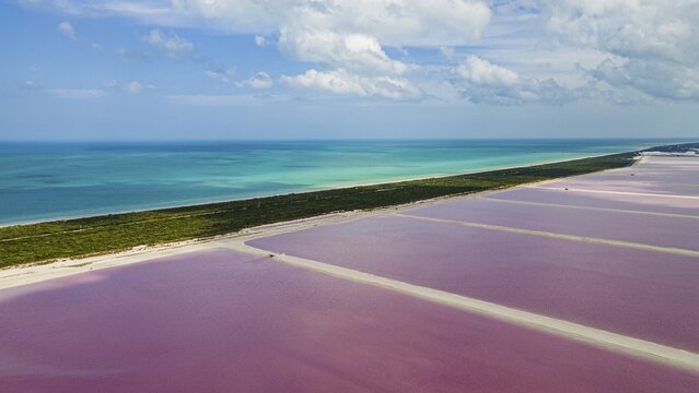 Aerial of the colourful salinas of Las Coloradas, Yucatan, Mexico