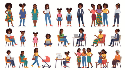 Fototapeta premium A comprehensive collection of diverse Black women and girls of all ages engaged in various daily activities and life stages.