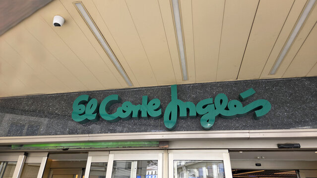 MADRID, SPAIN - JUNE, 22, 2026. El corte ingles green storefront sign on building facade in madrid for retail banner and shopping background