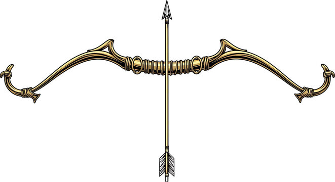 Antique golden skeletal bow with arrow
