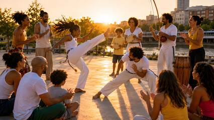 Fototapeta premium People practicing capoeira outdoors at sunset