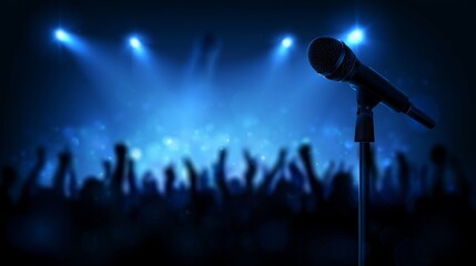 Obraz premium A microphone with blurred people silhouettes stand with raised hands, orange spotlight on the stage, concert atmosphere, dramatic lighting, silhouettes, music event poster design, entertainment