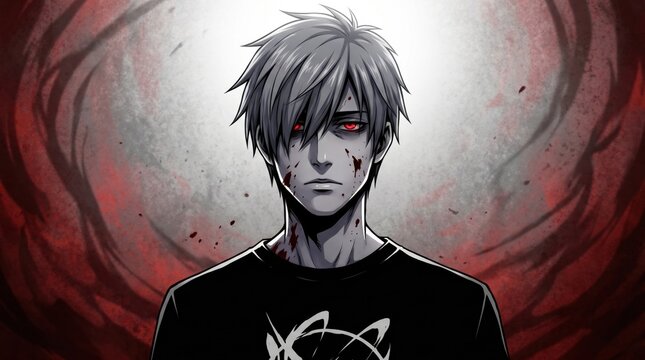 Anime boy with red eyes and blood stains