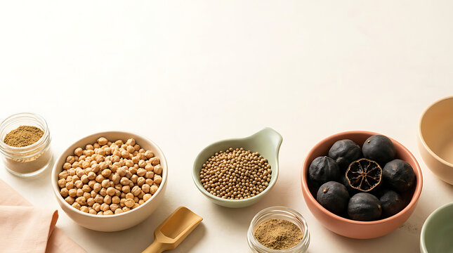 Chickpeas, coriander seeds, and dried black limes in ceramic bowls