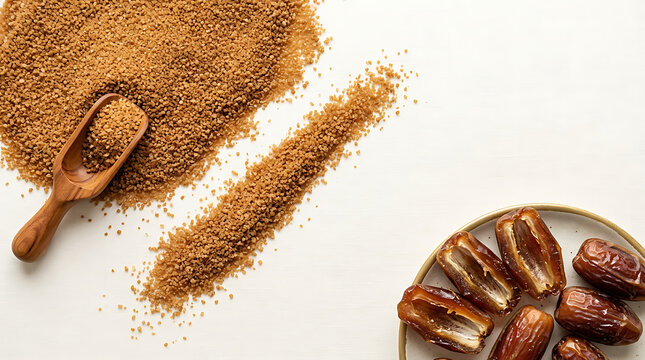 Date sugar crystals with a wooden scoop and whole dried dates on a plate