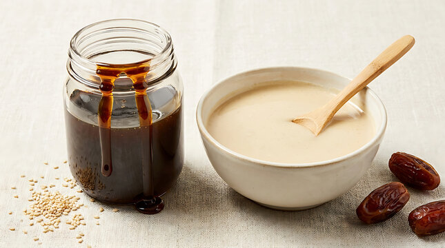 Date syrup in glass jar and tahini in bowl with wooden spoon