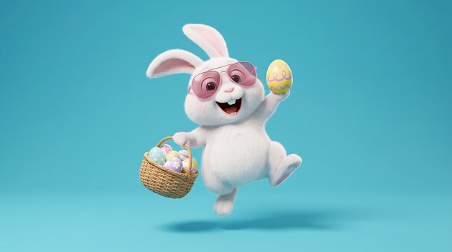 Cheerful cartoon bunny with easter basket and egg 3d render