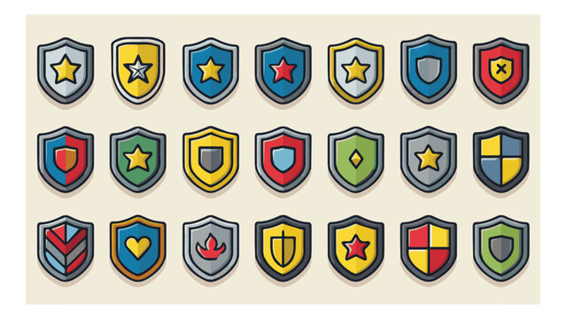 Collection of Colorful Shield Emblems with Various Symbols and Designs.