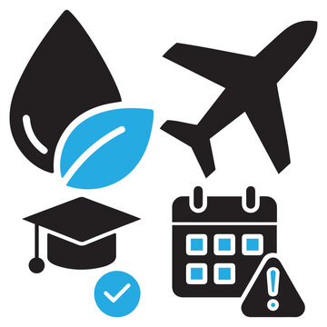 Set of abstract icons depicting nature conservation travel logistics education and safety alerts with aviation education calendar protection