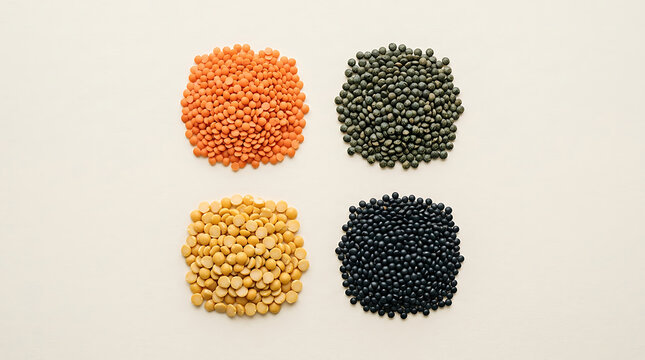 Four piles of assorted dried legumes, lentils and split peas on beige background