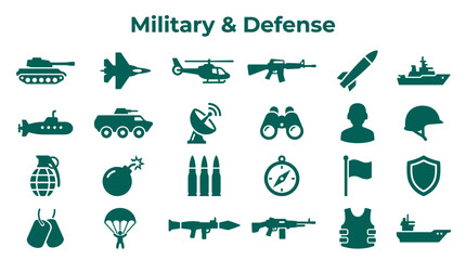 Collection of military and defense icons representing various weapons vehicles and equipment for security and war concepts © Iconique Studio