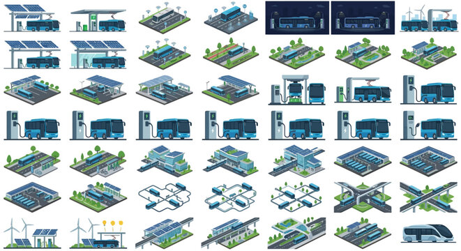 Isometric Electric Buses Charging at Sustainable Stations with Solar Panels