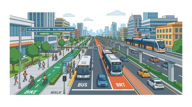Modern City Transportation: Bus, Bike Lane, BRT, Light Rail, Pedestrian Walkway