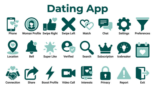 Dating app icons set for online matchmaking and social connection services featuring modern interface elements for mobile communication and relationship building