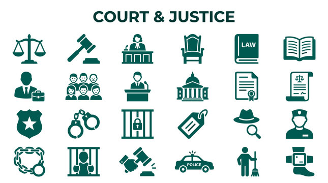 Collection of court and justice icons representing legal system elements like scales of justice gavel judge courthouse and law books