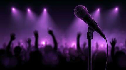 Obraz premium A microphone with blurred people silhouettes stand with raised hands, orange spotlight on the stage, concert atmosphere, dramatic lighting, silhouettes, music event poster design, entertainment