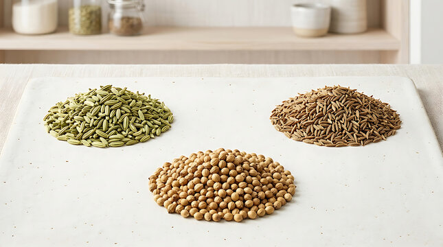 Piles of fennel, cumin, and coriander seeds on a white surface