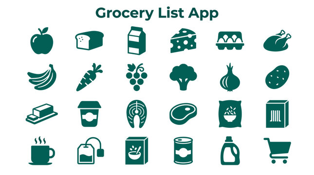 Grocery List App Interface Design with Food Icons and Shopping Cart Symbol Representing Digital Shopping and Healthy Eating Choices
