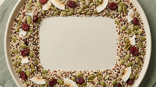 Quinoa, pumpkin seed, and dried cranberry topping mix on a plate