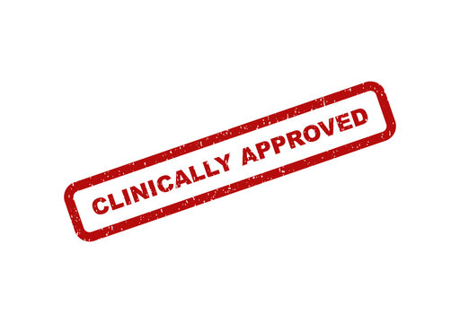 Red grunge rubber stamp with clinically approved text in a rectangle