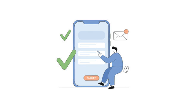 Person using smartphone to submit information through online form while receiving positive confirmation checkmarks for successful task completion.