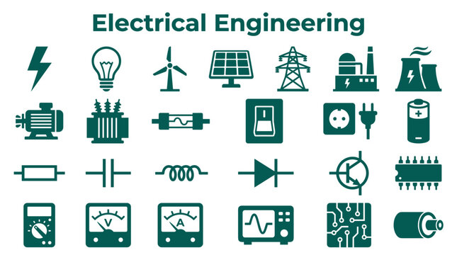 Electrical Engineering icons and symbols representing power generation transmission distribution and electronic components for technology and industry concepts