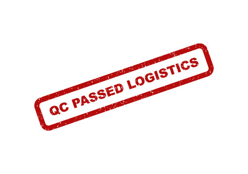 Red grunge rubber stamp with qc passed logistics text on a rectangle