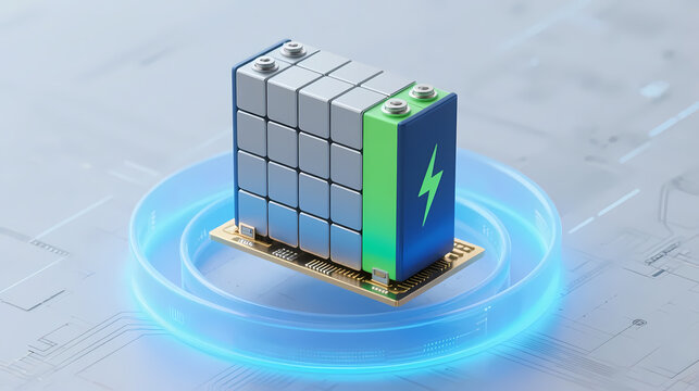 Gray battery module with glowing blue energy ring