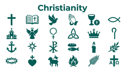 Naklejka premium Christianity symbols collection diverse religious icons representing faith spirituality and devotion in a clean graphic design on white background