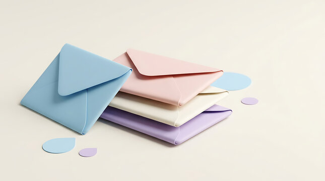 Stack of pastel paper envelopes with scattered confetti shapes