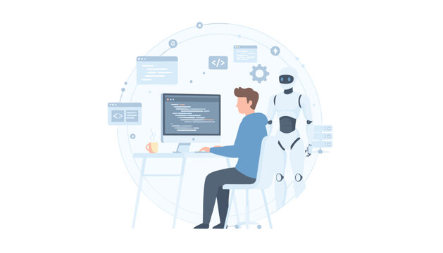 Software developer working on a desktop computer with an advanced artificial intelligence robot assistant providing support for coding tasks.