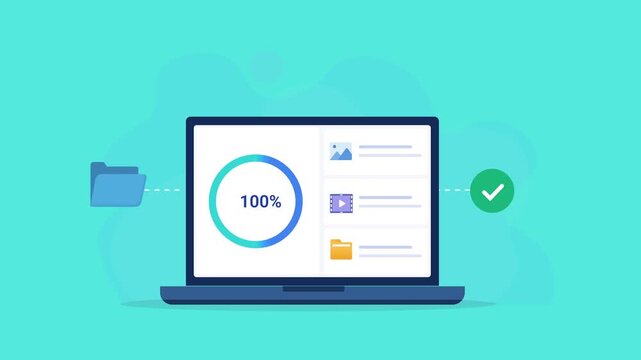 Animated flat vector illustration of a laptop displaying a cloud file management dashboard with progress indicator, folder, and verification icons. Modern cloud storage, file organization, and workflo