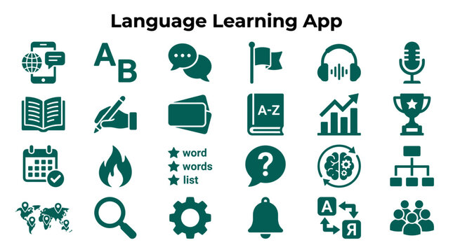 Language Learning App Icons Set Featuring Education Technology Tools for Global Communication and Skill Development