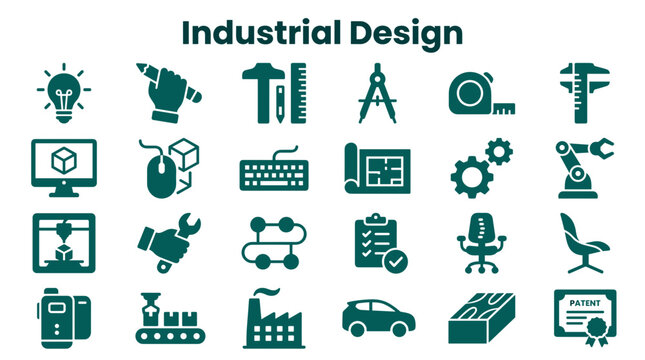 Industrial Design Icons Set Featuring Manufacturing Engineering Innovation and Product Development Concepts