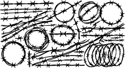 Obraz premium Barbed wire designs in a classic engraving style for conceptual applications during isolated white background studies