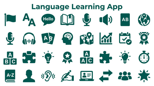 Language learning app icons collection for mobile education and communication tools representing global study and progress