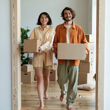 Happy couple holding moving boxes and walking into a sunny apartment interior for relocation banner and new home lifestyle background