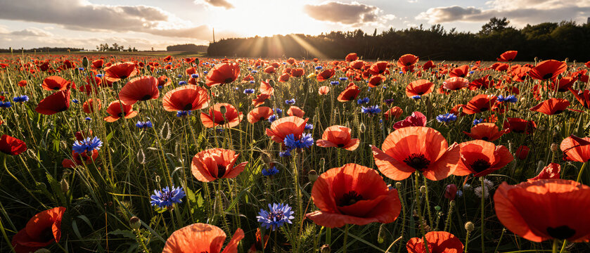 Sonnenuntergang auf einem Blumenfeld mit Mohnblumen