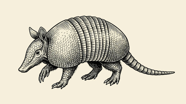 Detailed close-up portrait of a wild armadillo foraging in its natural habitat, showcasing its unique protective bony armor plates and sharp claws on a sunny daytime landscape.